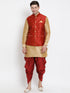 Vastramay Men's Maroon Zari Weaved Jacket With Kurta Dhoti Set
